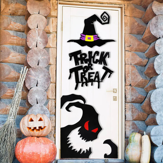 Spooky Halloween Door and Window Stickers - Skeleton Hand, Pumpkin, Devil, Witch Hat, and Ghost Designs