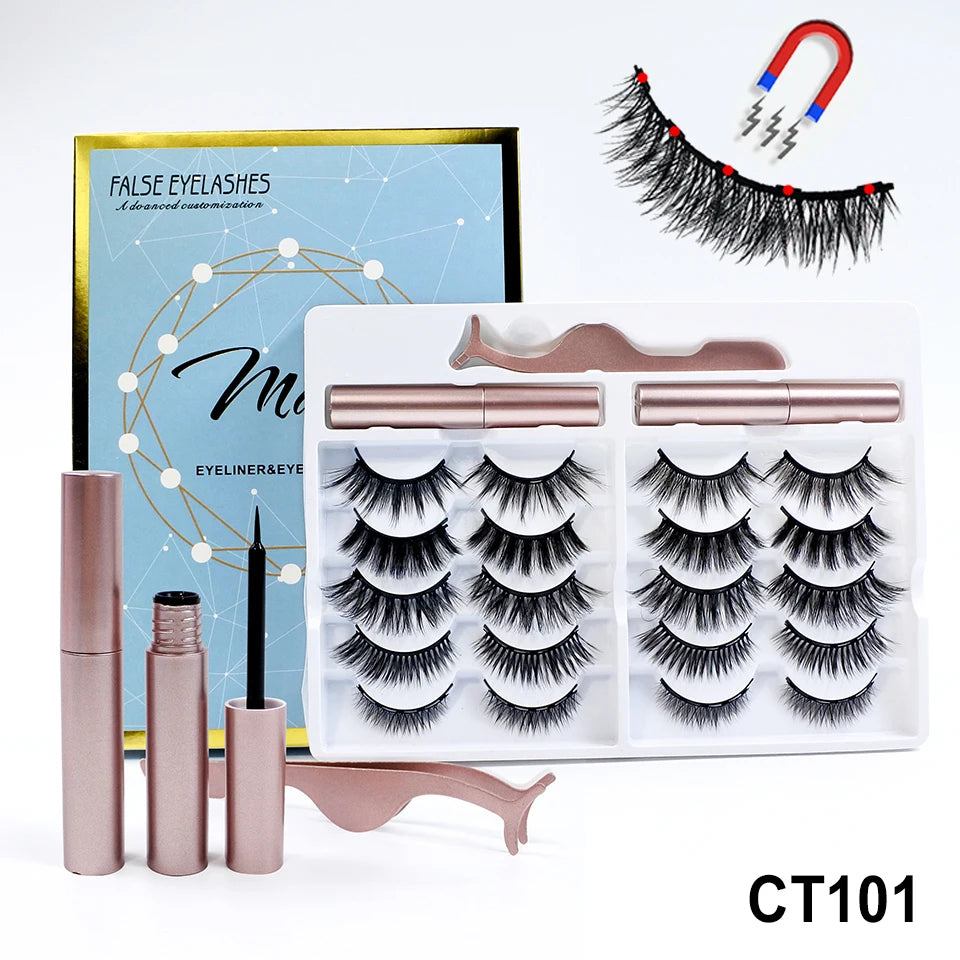 5/10 Pairs Reusable Magnetic Eyelashes Kit with Eyeliner & Applicator – Natural Look 5 Magnet False Lashes for Easy No-Glue Makeup