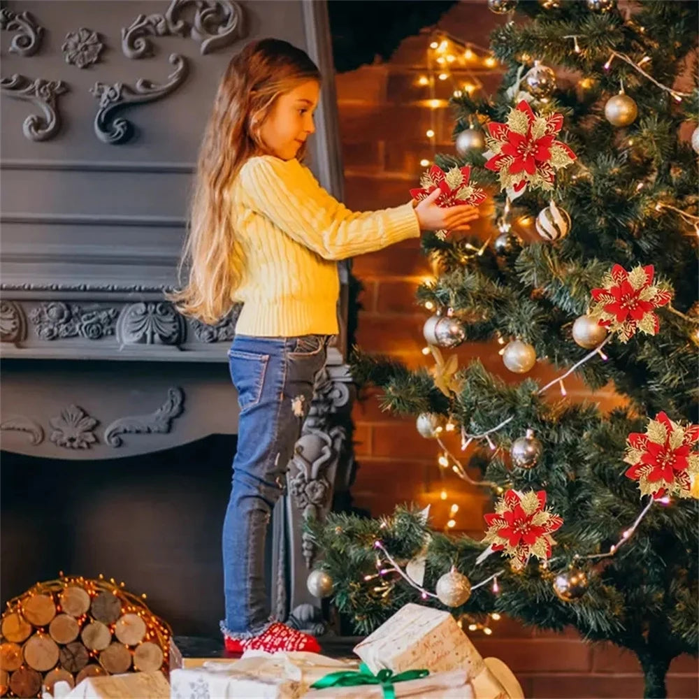 Sparkling 5/10-Piece 14.5cm Glitter Christmas Flower Ornaments in Pink, Red, and Gold - Artificial Blooms for Festive Tree and Home Decor