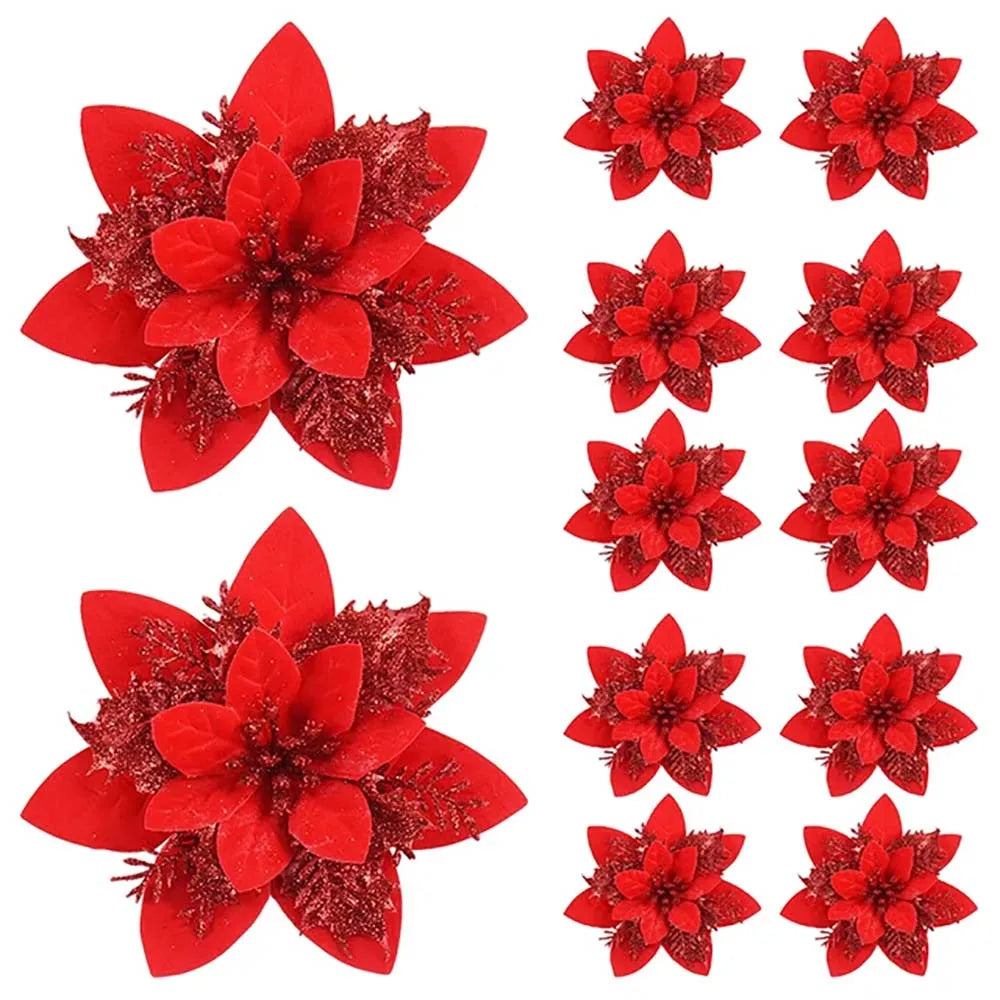 Sparkling 5/10-Piece 14.5cm Glitter Christmas Flower Ornaments in Pink, Red, and Gold - Artificial Blooms for Festive Tree and Home Decor