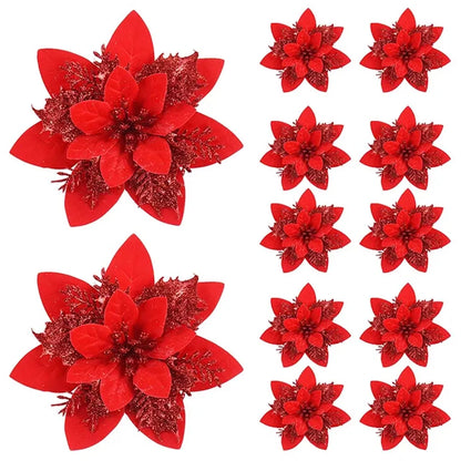 Sparkling 5/10-Piece 14.5cm Glitter Christmas Flower Ornaments in Pink, Red, and Gold - Artificial Blooms for Festive Tree and Home Decor