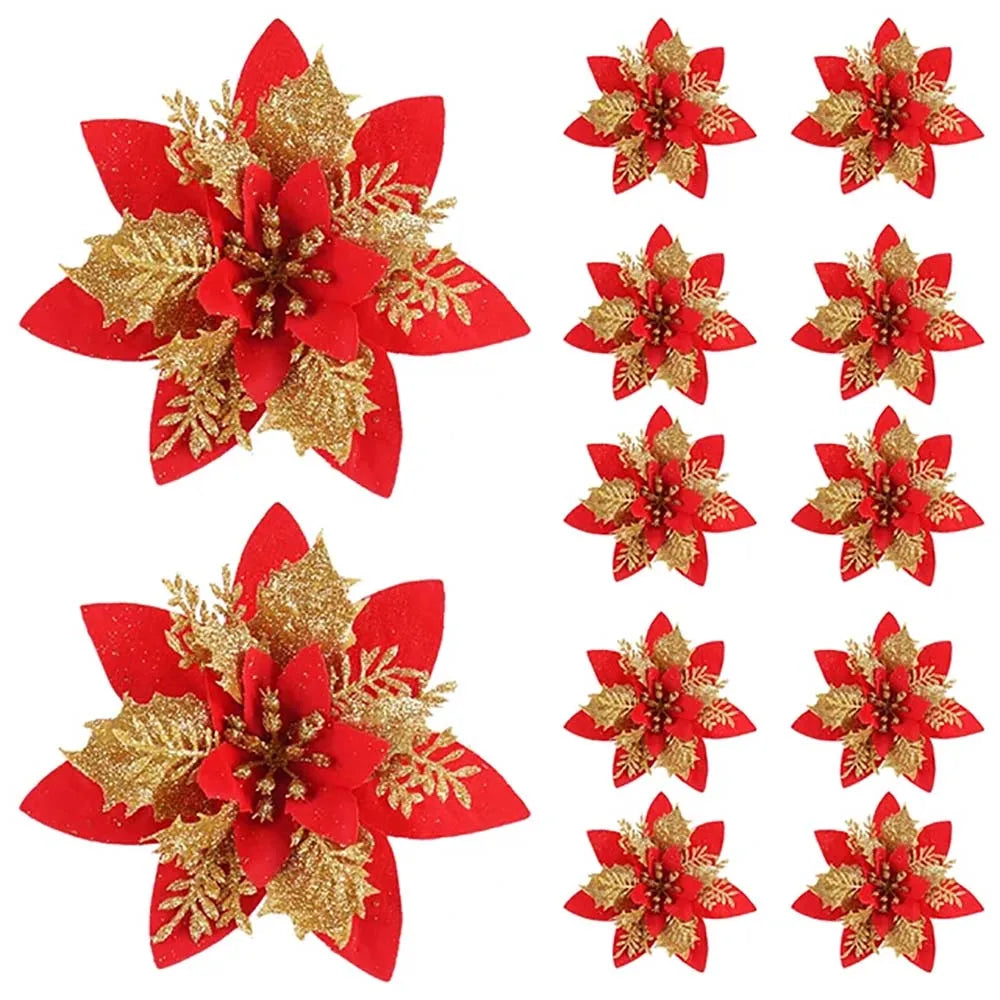 Sparkling 5/10-Piece 14.5cm Glitter Christmas Flower Ornaments in Pink, Red, and Gold - Artificial Blooms for Festive Tree and Home Decor