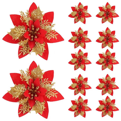 Sparkling 5/10-Piece 14.5cm Glitter Christmas Flower Ornaments in Pink, Red, and Gold - Artificial Blooms for Festive Tree and Home Decor