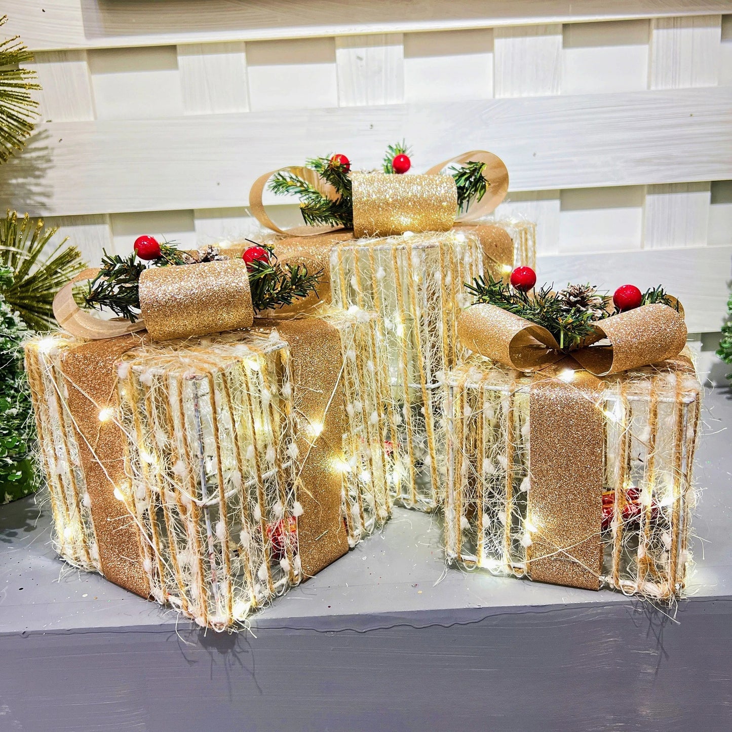 Festive Christmas Glow Gift Box Set - 3-Piece Metal Lanterns for Holiday Tree & Home Decor