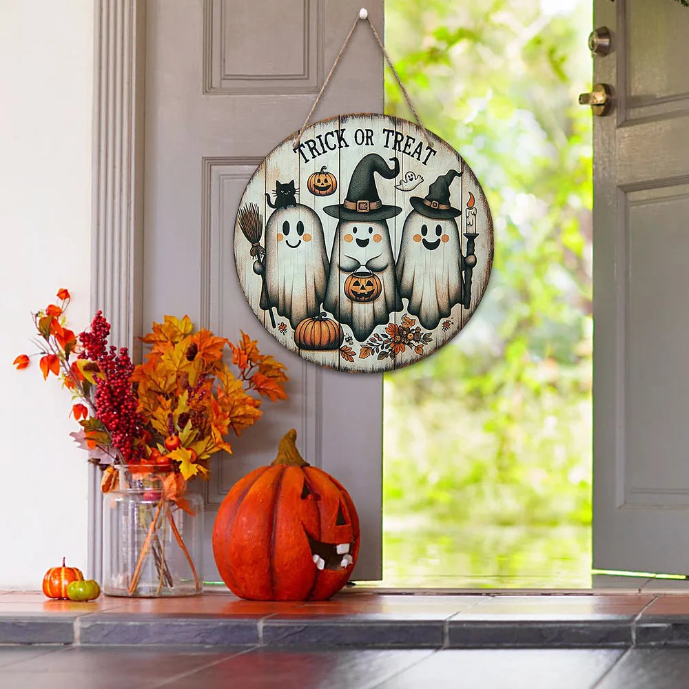 Halloween Wooden Ghost Wreath Sign