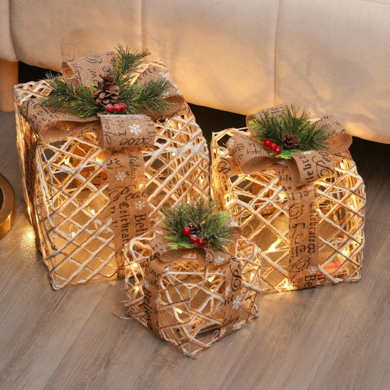 Festive Christmas Glow Gift Box Set - 3-Piece Metal Lanterns for Holiday Tree & Home Decor