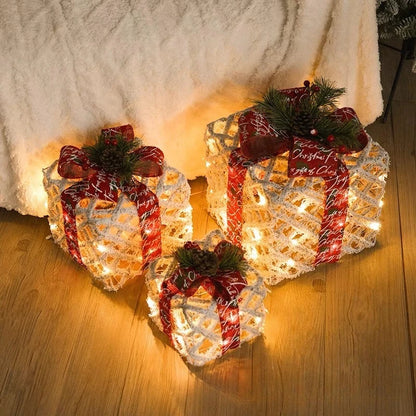 Festive Christmas Glow Gift Box Set - 3-Piece Metal Lanterns for Holiday Tree & Home Decor