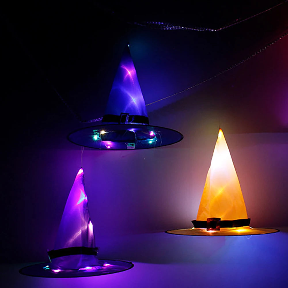 Halloween Witch Hat with LED Lights and Glowing Ghost Design
