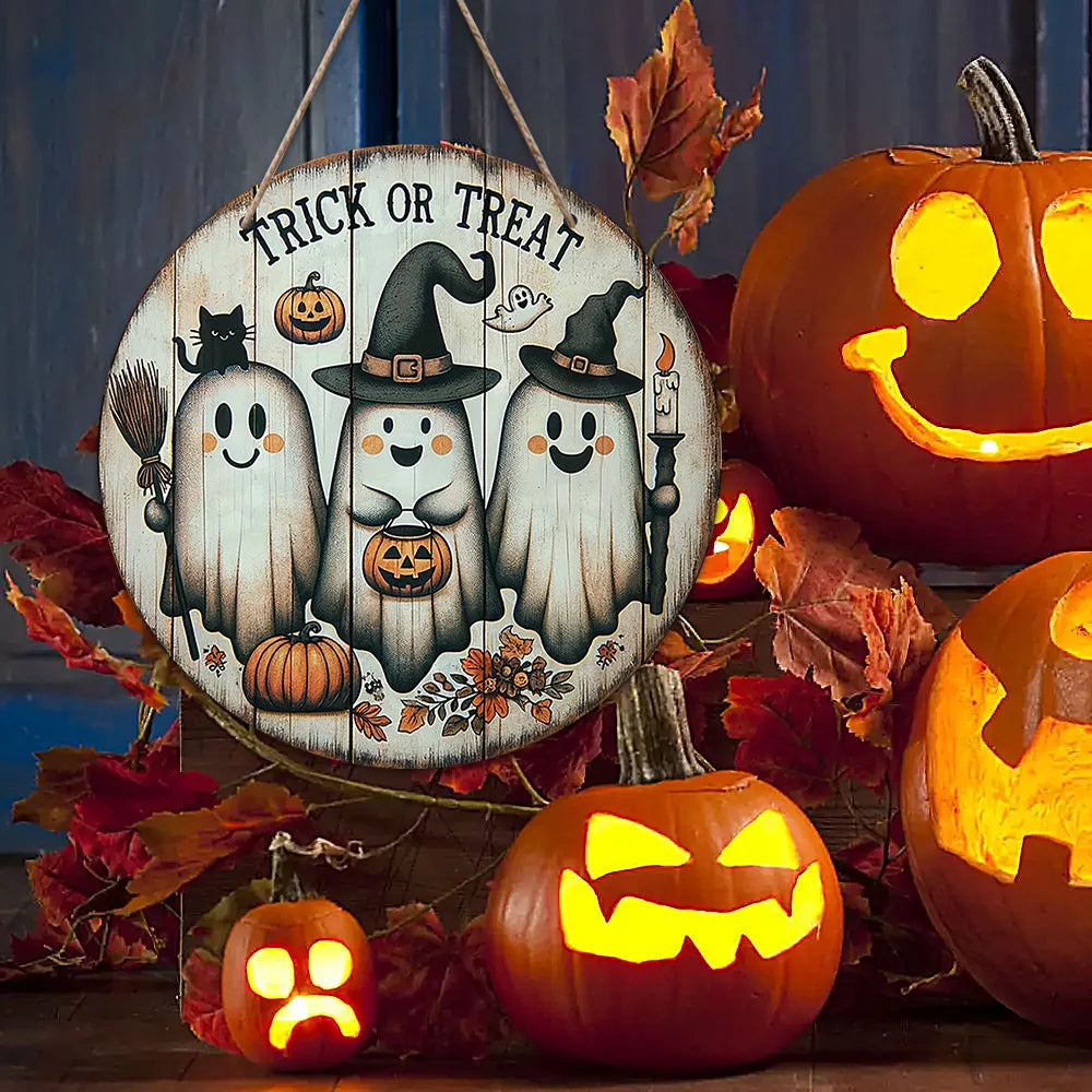 Halloween Wooden Ghost Wreath Sign