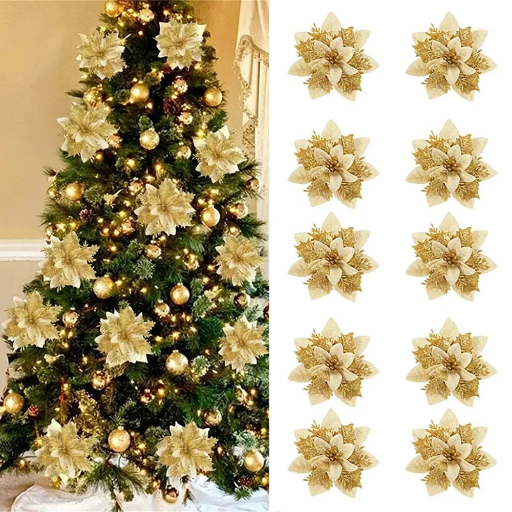 Sparkling 5/10-Piece 14.5cm Glitter Christmas Flower Ornaments in Pink, Red, and Gold - Artificial Blooms for Festive Tree and Home Decor