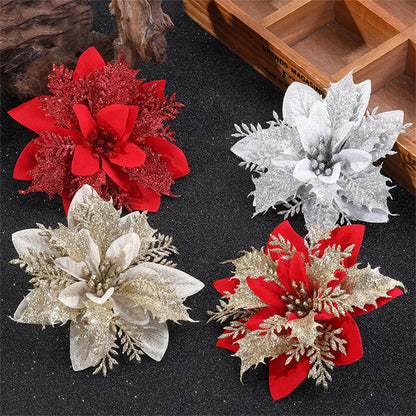 Sparkling 5/10-Piece 14.5cm Glitter Christmas Flower Ornaments in Pink, Red, and Gold - Artificial Blooms for Festive Tree and Home Decor